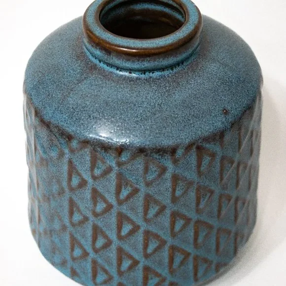 West Elm Pottery Ceramic Flower Vase Round Blue Beige Glazed 7" MCM Boho Decor - Picture 3 of 9